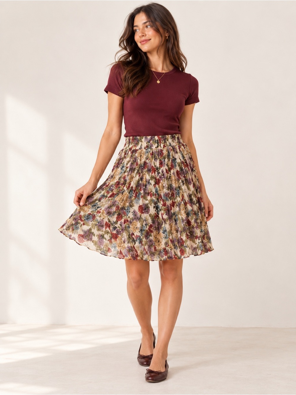 Vintage 90s Jonathan Martin Floral Crinkle Knee Length Skirt Romantic S